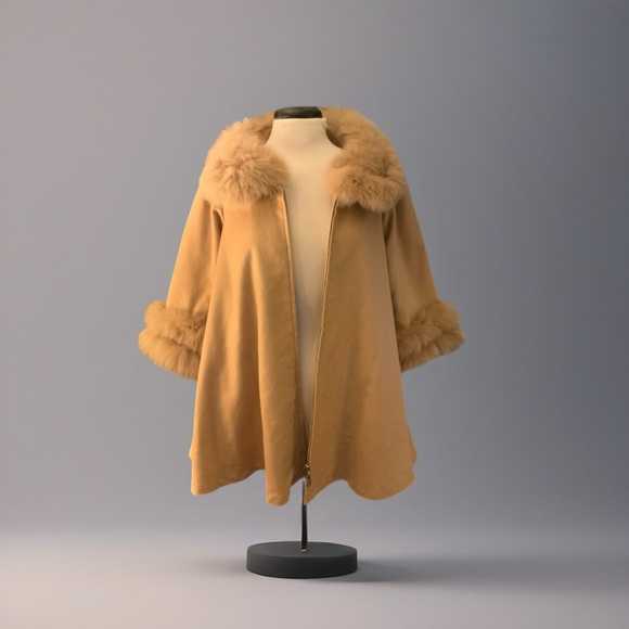 La Fiorentina fur trimmed knee length 100% wool coat Zip front w slit pockets XL - Picture 1 of 14